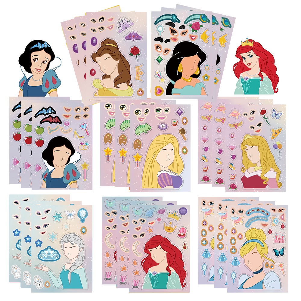 สติกเกอร์ PVC ลายการ์ตูนเจ้าหญิง “Make a Face” กันน้ํา DIY 8 แผ่น