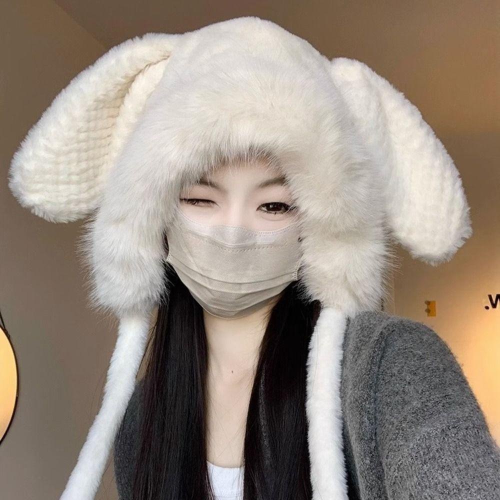 หมวกบักเก็ต ผ้าวูล แบบหนา แต่งหูกระต่ายน่ารัก ให้ความอบอุ่น แฟชั่นฤดูหนาว สําหรับผู้หญิง