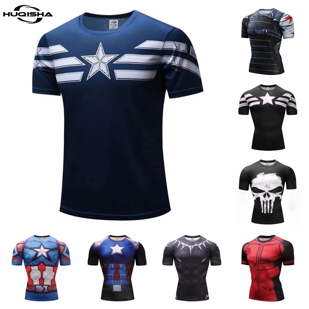 เสื้อยืด ลายกัปตันอเมริกา ซูเปอร์ฮีโร่ แห้งเร็ว สําหรับผู้ชาย ใส่ไปยิม เล่นกีฬา