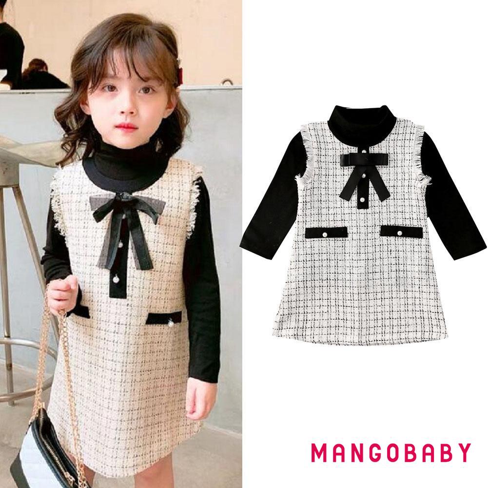 Mgg-baby Girls 2 ชิ้นชุดฤดูหนาวคอเต่าสีดําแขนยาว + ถักลายสก๊อต Bowknot Pearl Dress Set