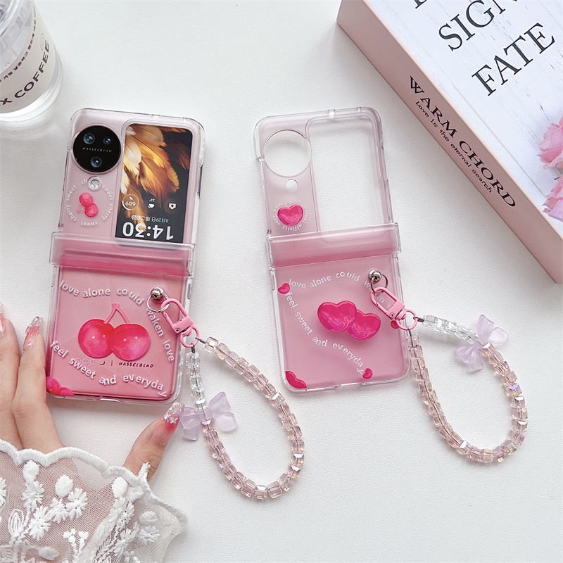 เคสโทรศัพท์มือถือ PC แบบแข็ง ฝาพับ พร้อมสายโซ่คล้อง สีชมพู สําหรับ เคส  OPPO Find N3 Flip N2 N3Flip 