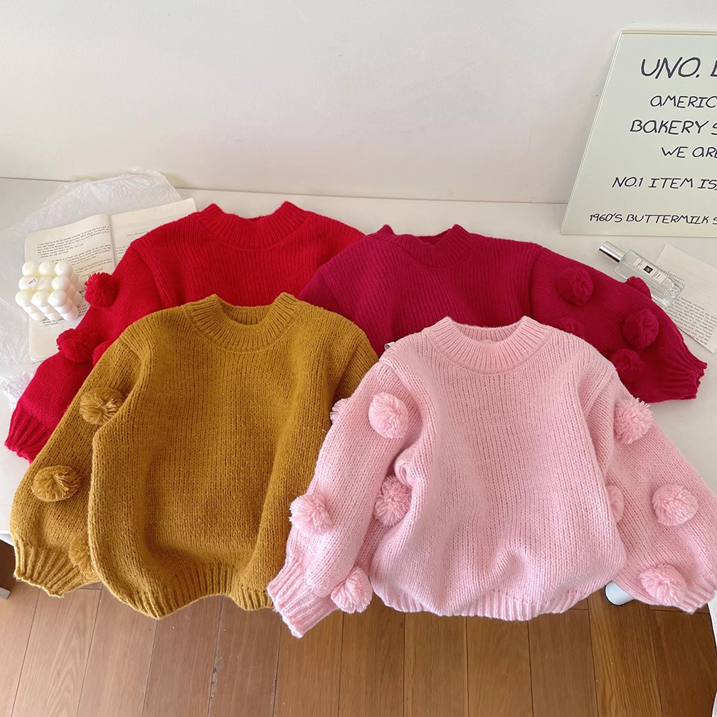 เสื้อกันหนาวแขนยาว ผ้าฝ้ายแท้ แบบหนา แต่งลูกบอล แฮนด์เมด แฟชั่นฤดูใบไม้ร่วง และฤดูหนาว สําหรับเด็กผู้หญิง
