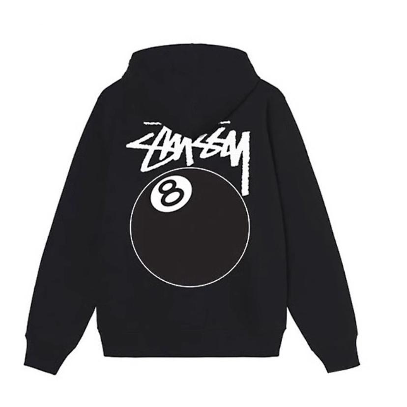 เสื้อกันหนาวแขนยาวลําลอง มีฮู้ด พิมพ์ลาย Stu Black Ball 8 สีขาว คุณภาพสูง แฟชั่นสําหรับผู้ชาย และผู้หญิง