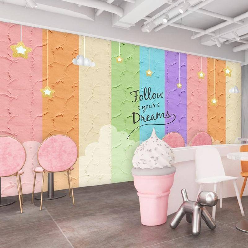 วอลล์เปเปอร์ ลายกราฟฟิตี้ 3D สีรุ้ง สําหรับร้านชานม ร้านขนมหวาน ร้านสตูดิโอ ร้านเสื้อผ้า