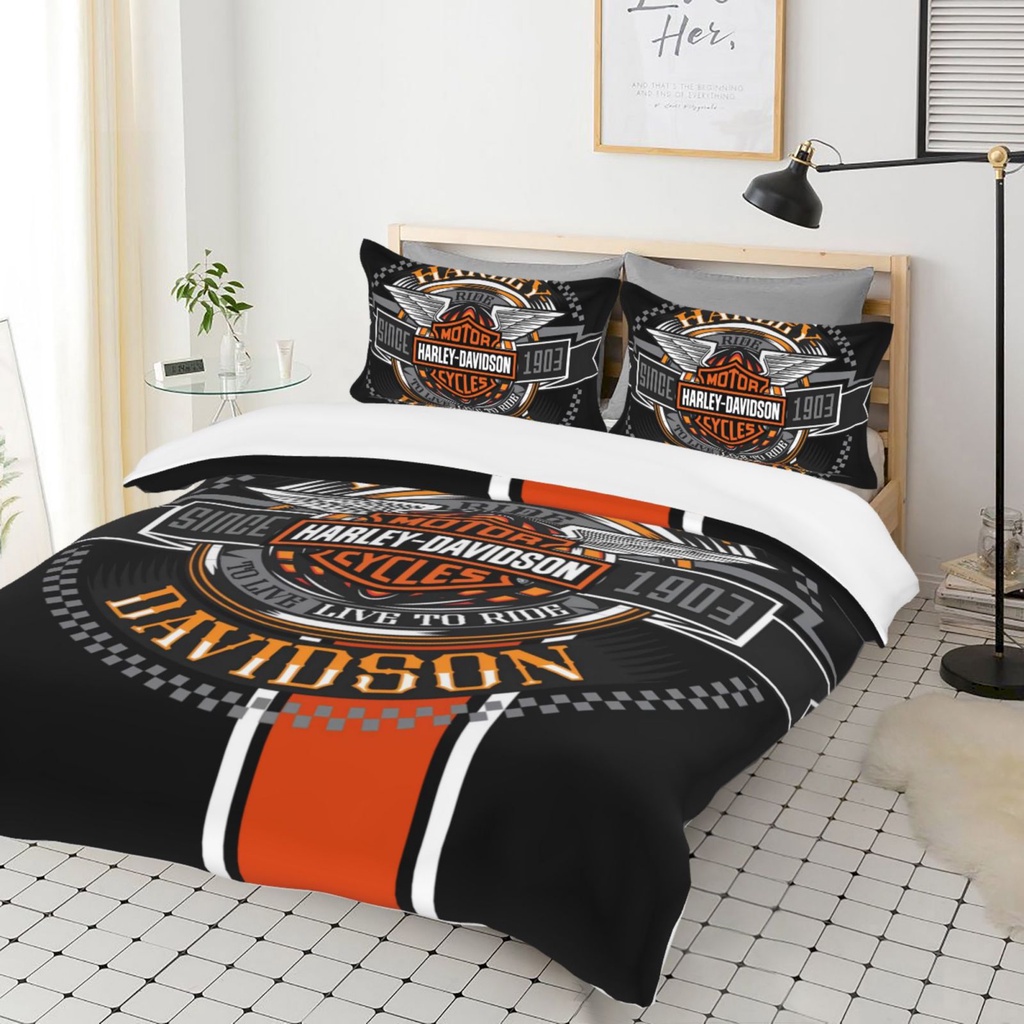 3 in 1 Harley Davidson ชุดเครื่องนอน ผ้าห่ม 3D ปลอกหมอน 1 ชิ้น และปลอกหมอน 2 ชิ้น