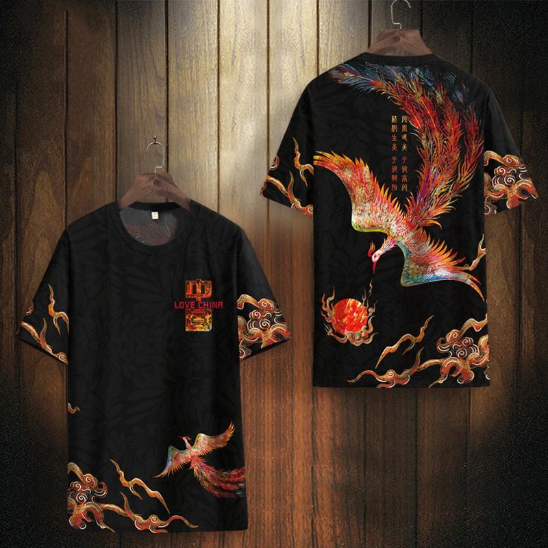 เสื้อยืดแขนสั้นลําลอง ผ้าเรยอน พิมพ์ลายนกฟินิกซ์ เข้ากับทุกการแต่งกาย แฟชั่นฤดูร้อน สไตล์จีน สําหรับผู้ชาย