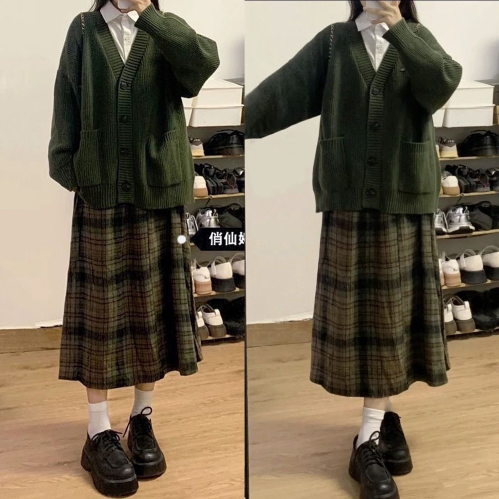 เสื้อคาร์ดิแกน ผ้าถัก ลายสก๊อต สีเขียว และกระโปรง ทรงหลวม แฟชั่นฤดูใบไม้ร่วง และฤดูหนาว สําหรับผู้หญิง