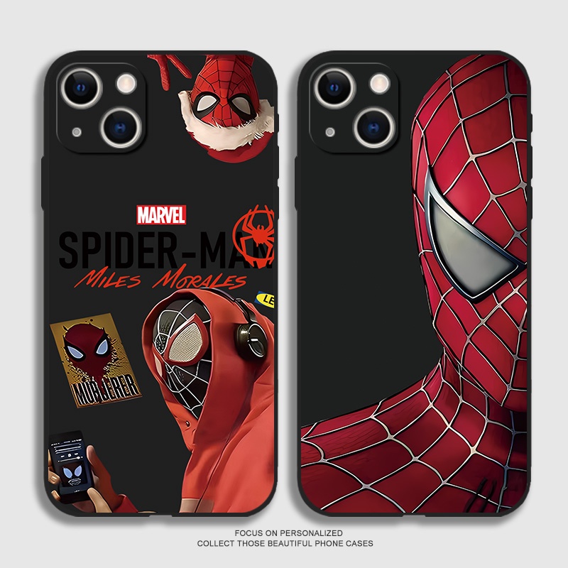 เคสโทรศัพท์มือถือ ซิลิโคนนิ่ม ลายมาร์เวล สไปเดอร์แมน สีดํา สําหรับ iPhone 15 14 13 12 11 Pro Max 13 Mini 14PLUS X XS XR XSNAX 6 8 7 Plus Se2020