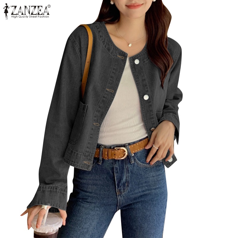 Zanzea เสื้อโค้ทแขนยาวลําลอง คอกลม มีกระเป๋า สีพื้น สไตล์เกาหลี สําหรับผู้หญิง