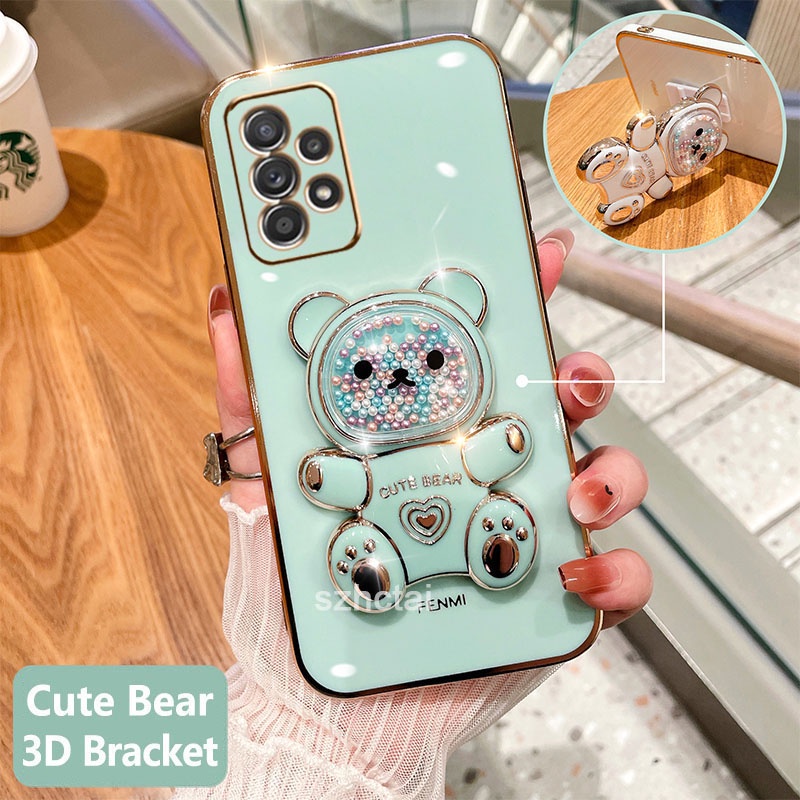 เคสโทรศัพท์ samsung a13 a23 เคสโทรศัพท์มือถือชุบนิ่ม ทรงสี่เหลี่ยม ลายหมีน่ารัก 3D พร้อมที่ตั้งวาง สําหรับ samsung a13 a23