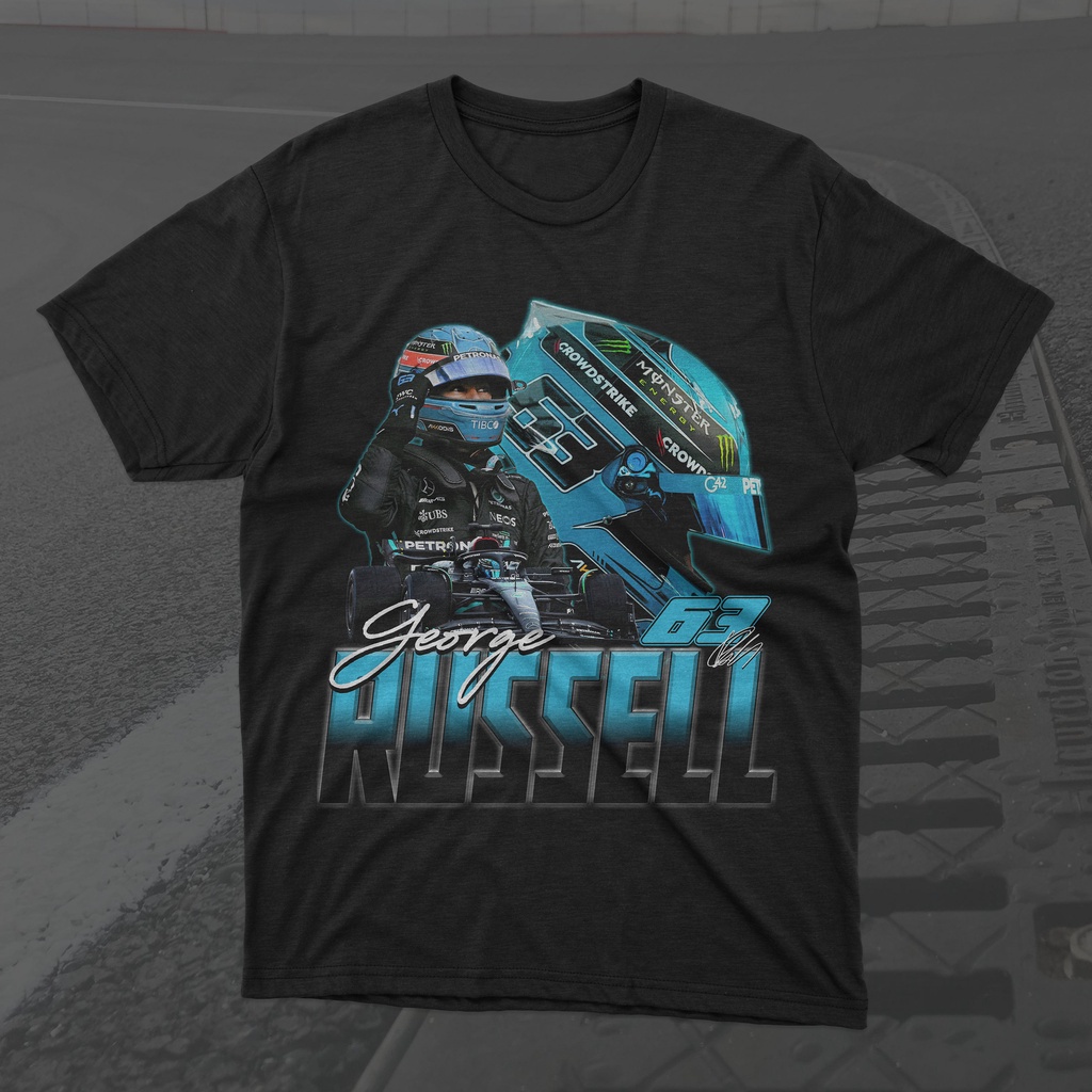 ร้อน a เสื้อยืดแขนสั้นGeorge Russell Formula 1 เสื้อยืด พิมพ์ลายกราฟฟิคแข่งรถ 2023 F1 F1 Mercedes F1