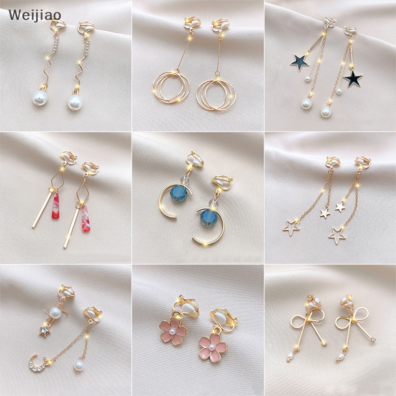 Weijiao% ต่างหูแฟชั่น แบบคลิปหนีบ ยาว น่ารัก สไตล์เกาหลี สําหรับผู้หญิง 1 คู่