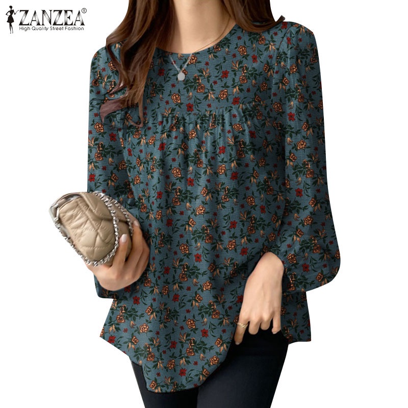 Zanzea เสื้อเบลาส์ แขนยาว พิมพ์ลาย จับจีบ ยืดหยุ่น สไตล์เกาหลี สําหรับผู้หญิง