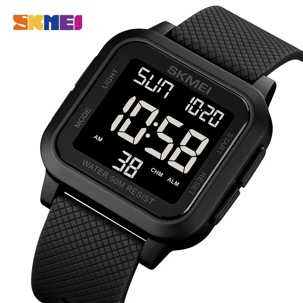 Skmei นาฬิกาปลุกดิจิทัล โครโน่ 5 บาร์ กันน้ํา หน้าจอ LED กันกระแทก สําหรับผู้ชาย