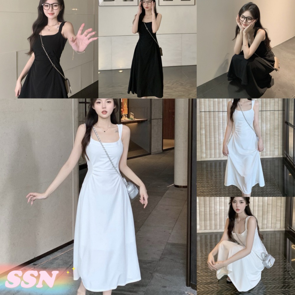 (จัดส่งจากประเทศไทย) สไตล์ฝรั่งเศสใหม่เข้ารูปพอดีเอวคอเหลี่ยมเอี๊ยมสีทึบชุดเดรสกระโปรงยาวอ่อนโยน