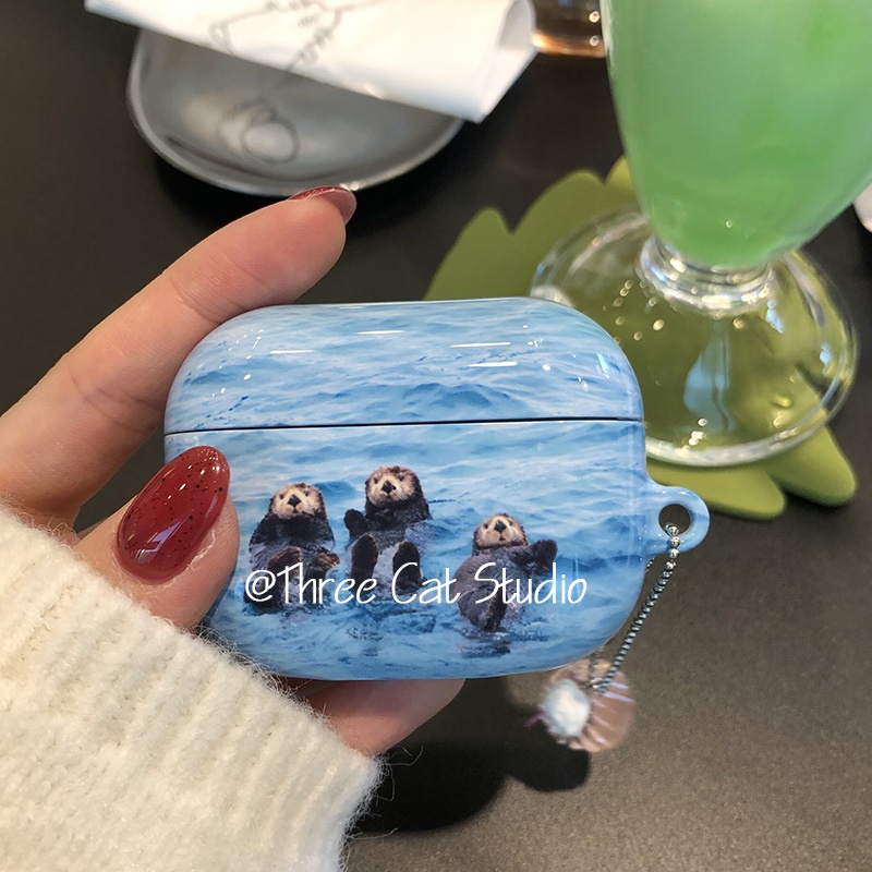 เกาหลี ins ว่ายน้ําตลก Sea otters Simple Hard AirPods Case สําหรับ AirPods 1/2 Pro 3 4 Hard Full Protection Case สไตล์บล็อกเกอร์ Cover