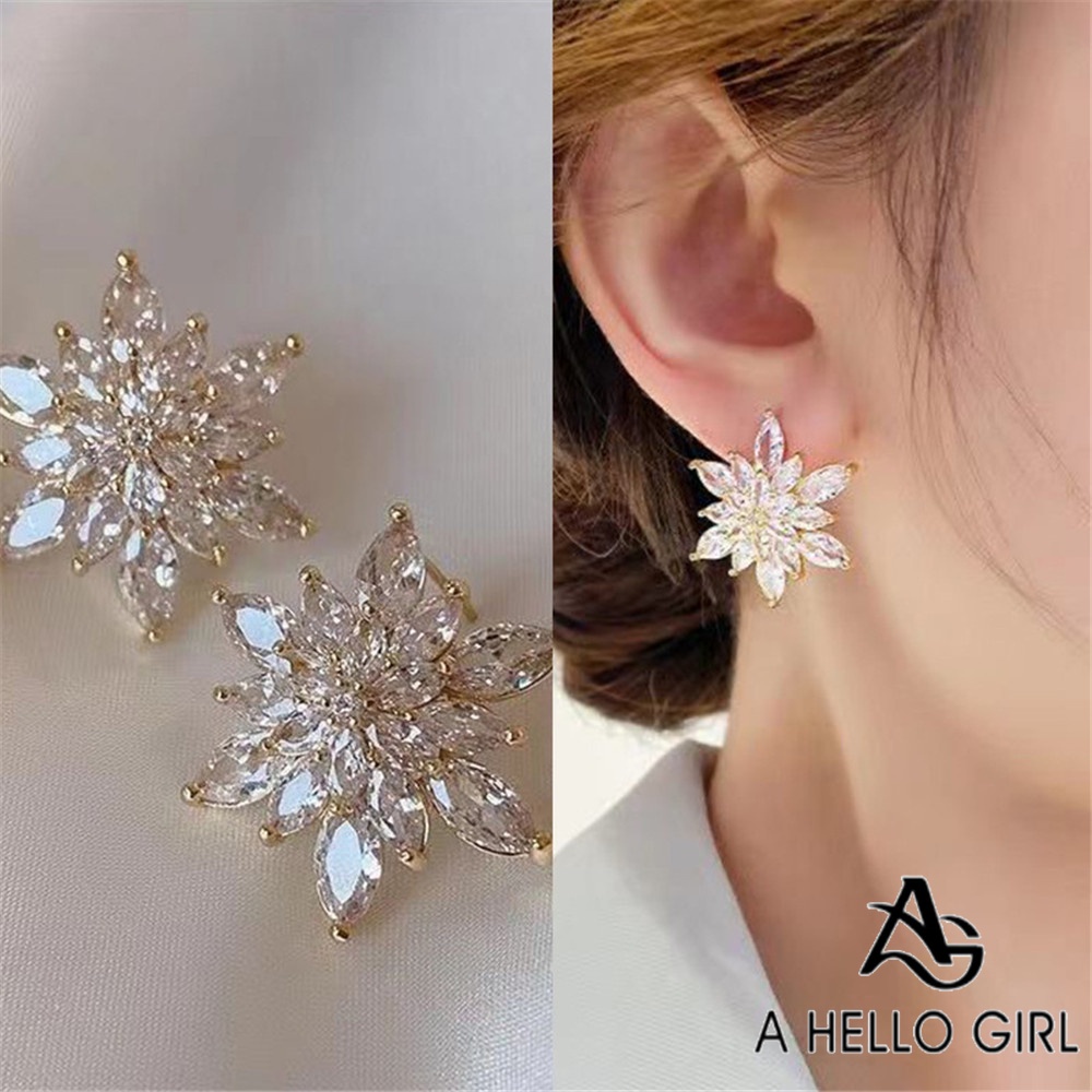 A HELLO GIRL ต่างหูคริสตัล ลายดอกไม้ สไตล์เกาหลี หรูหรา ระดับไฮเอนด์ สําหรับผู้หญิง S925