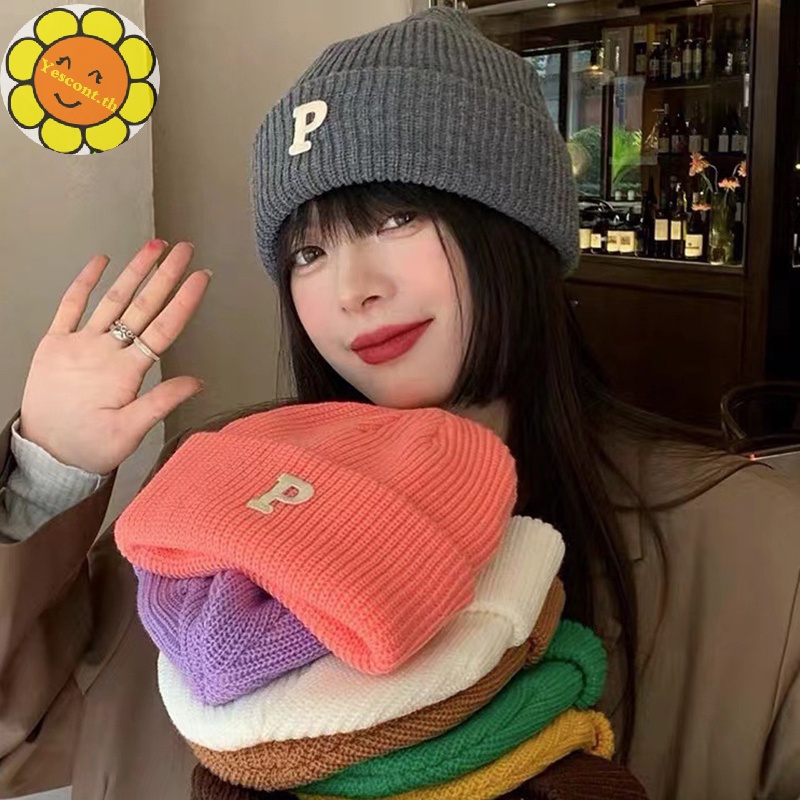 Yescont หมวกบีนนี่ถัก แบบหนา พิมพ์ลายตัวอักษร P ให้ความอบอุ่น สไตล์ฮิปฮอป แฟชั่นฤดูหนาว สําหรับผู้หญิง และผู้ชาย TH