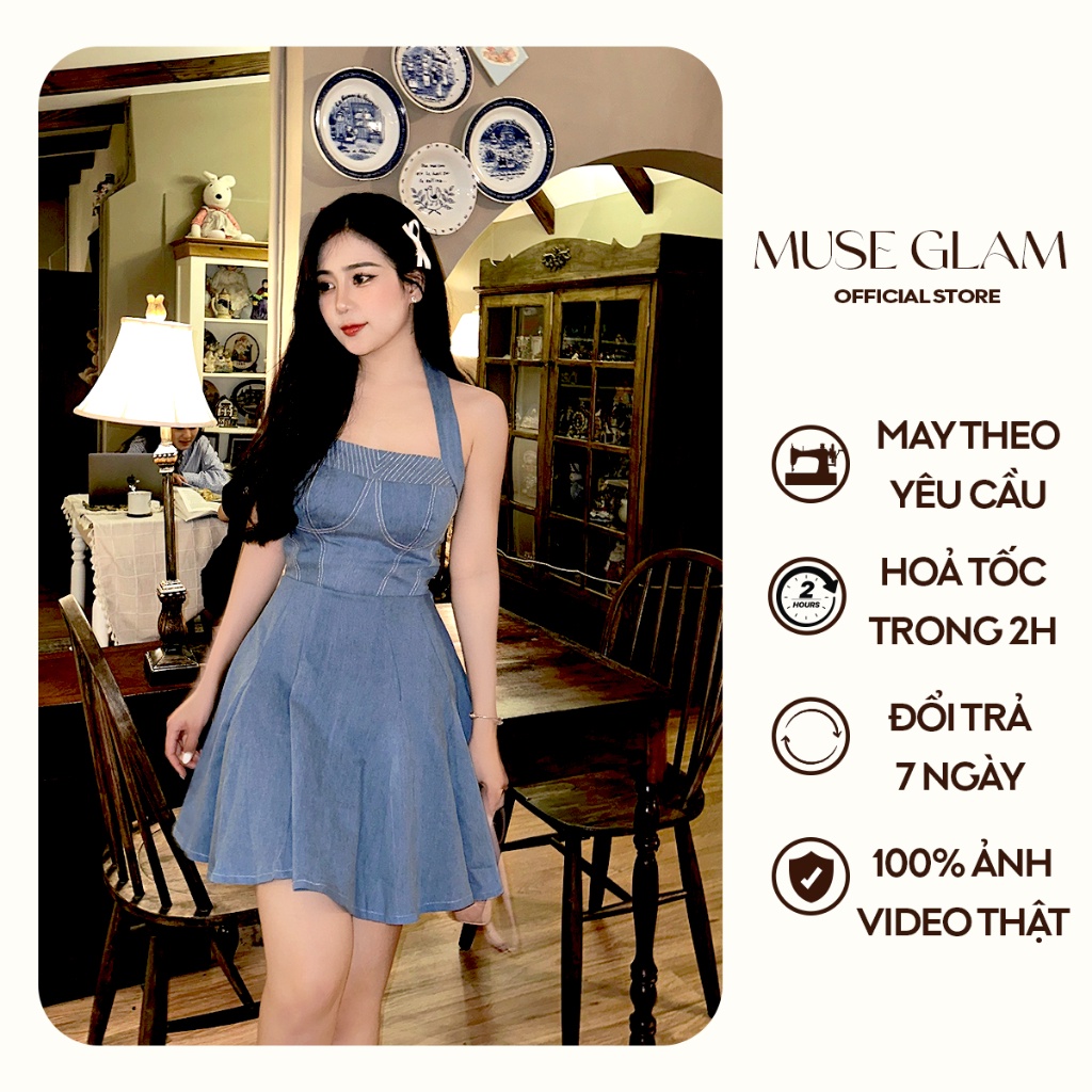 MUSE GLAM เดรสยีนส์คล้องคอบาน เดรสยีนส์พร้อมสายอก MGD37