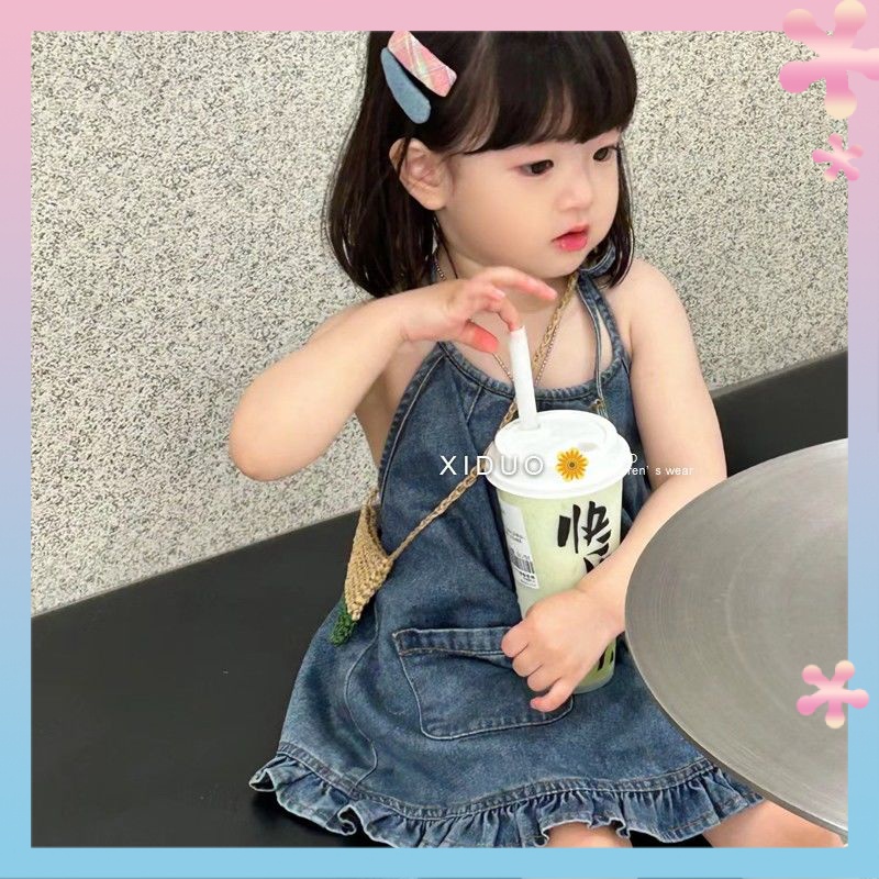 ชุดเดรสกระโปรงยีน แต่งลูกไม้ สไตล์เกาหลี แฟชั่นฤดูร้อน สําหรับเด็กผู้หญิง 2023