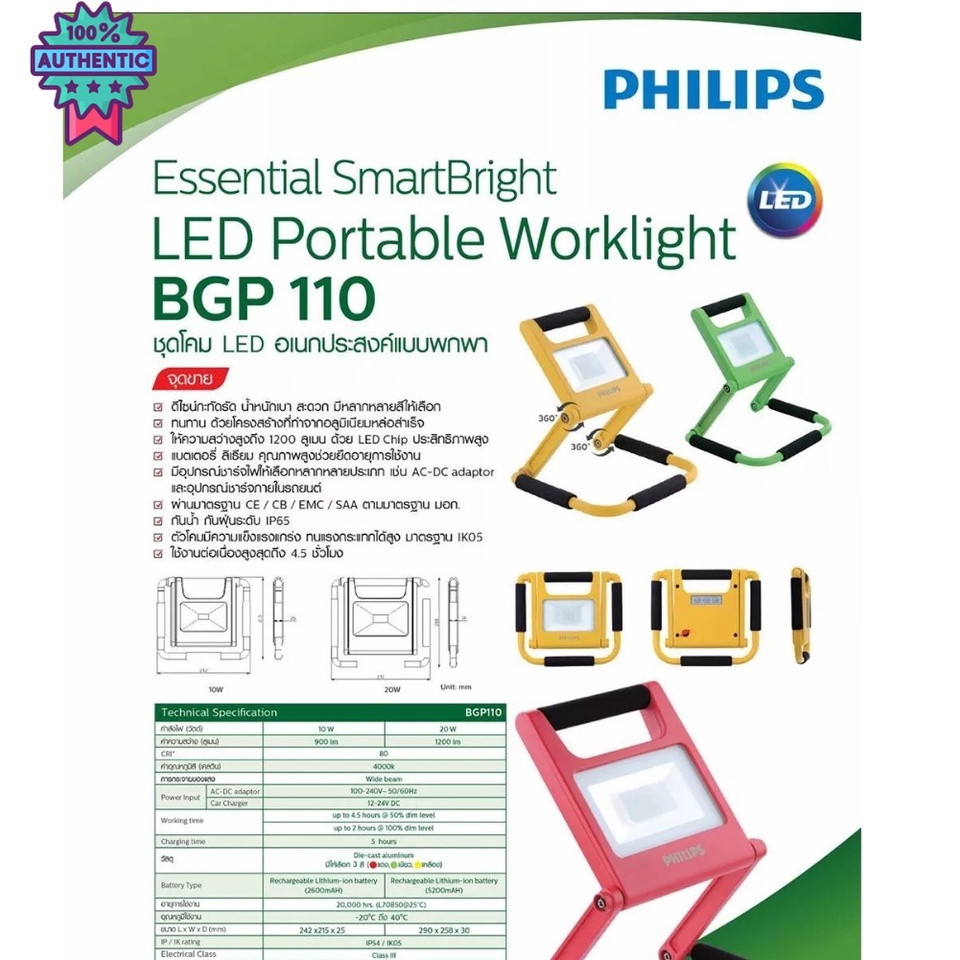 Philips Floodlight LED โคมไฟแพกพา BGP110 10 วัตต์ 20 วัตต์ Neutral White 4000K