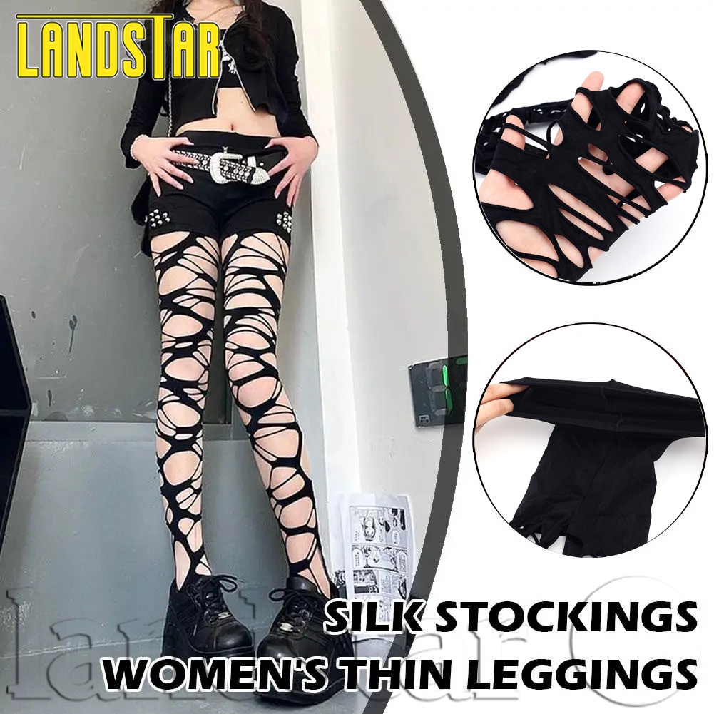 เลกกิ้ง Fishnet - Punk - สายรัดฉีกขาด Ragged Hosiery - ถุงน่องกลวงออก - Y2K - ถุงน่องถุงน่องสีดํา - โกธิค - ปาร์ตี้ - สําหรับผู้หญิงสุภาพสตรี - บาง