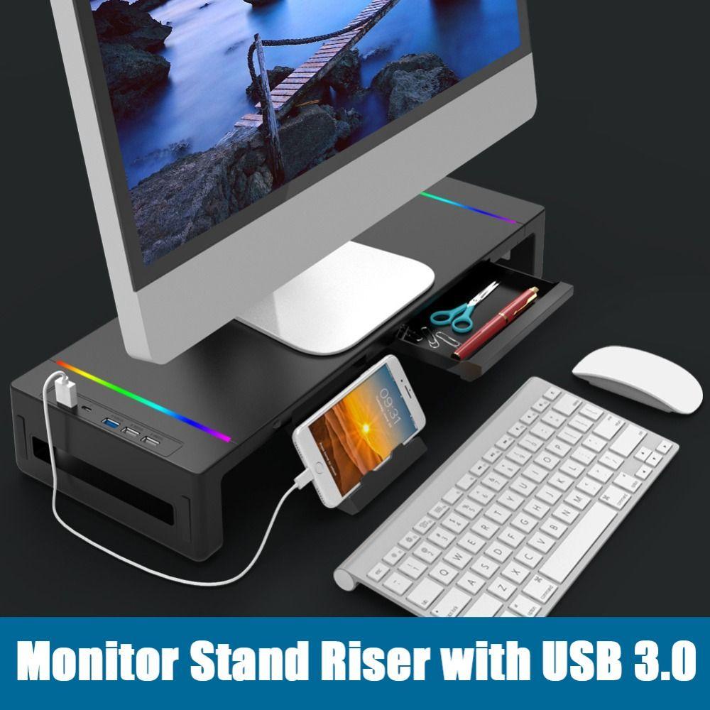 Echoglide Monitor Stand Riser พร้อม USB, พร้อมลิ้นชักเก็บขาตั้งคอมพิวเตอร์พับได้, ไฟ RGB ที่วางโทรศัพท์ USB 3.0 & 2.0 Hub คีย์บอร์ดเมาส์ชั้นเก็บสํานักงาน