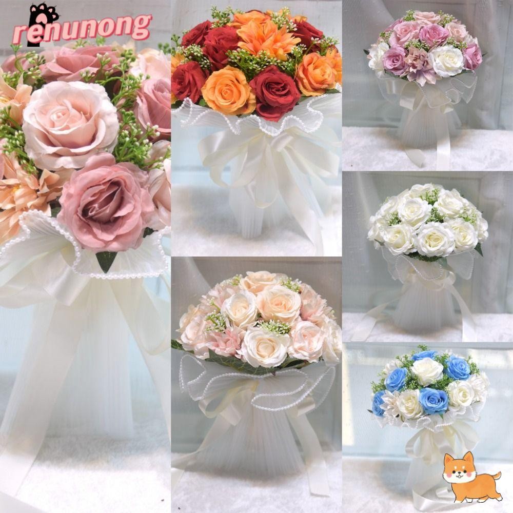 เรนุนง ช่อเจ้าสาว,ด้วยริบบิ้นผ้าไหมของขวัญช่อดอกไม้แต่งงาน,โรแมนติกมุกลูกไม้ตาข่ายอุปกรณ์จัดงานแต่งงานตกแต่งงานแต่งงาน