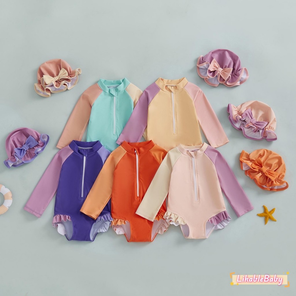 เด็กผู้หญิง Contrast Color Zip Up แขนยาวลูกเรือคอ Rash Guard ชุดว่ายน้ําพร้อมหมวกชุด