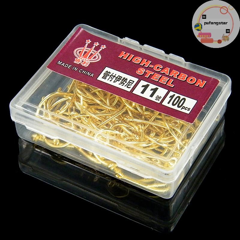 Pufangstar 100 ชิ้นกล่องสีทองแหวนหลอด Pay Iseini ตะขอ Barbed เหล็กคาร์บอนสูงตะขอตกปลาทะเล TH