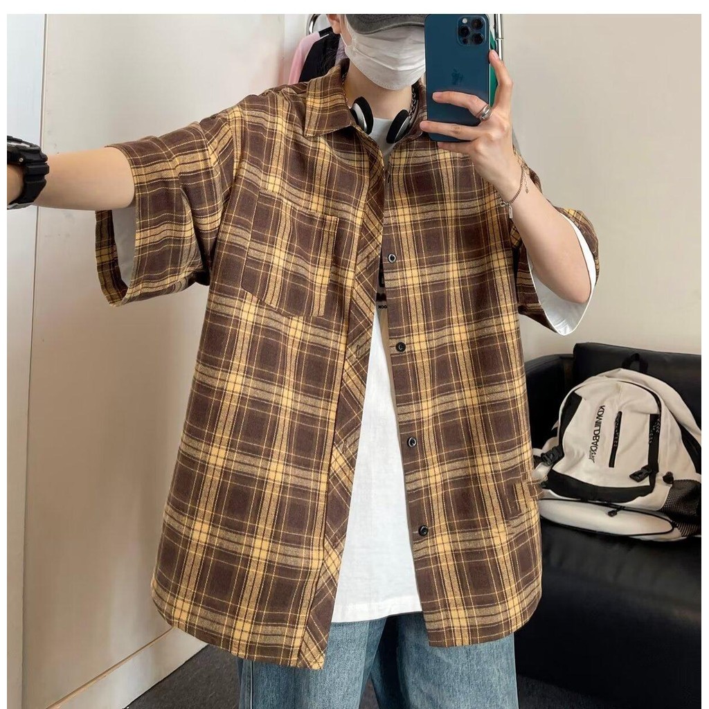 MNO.9 Shirt C282 เสื้อเชิ้ตแขนสั้นลายสก็อต ทรงหลวม สไตล์วินเทจ Man ผู้ชาย Clothing