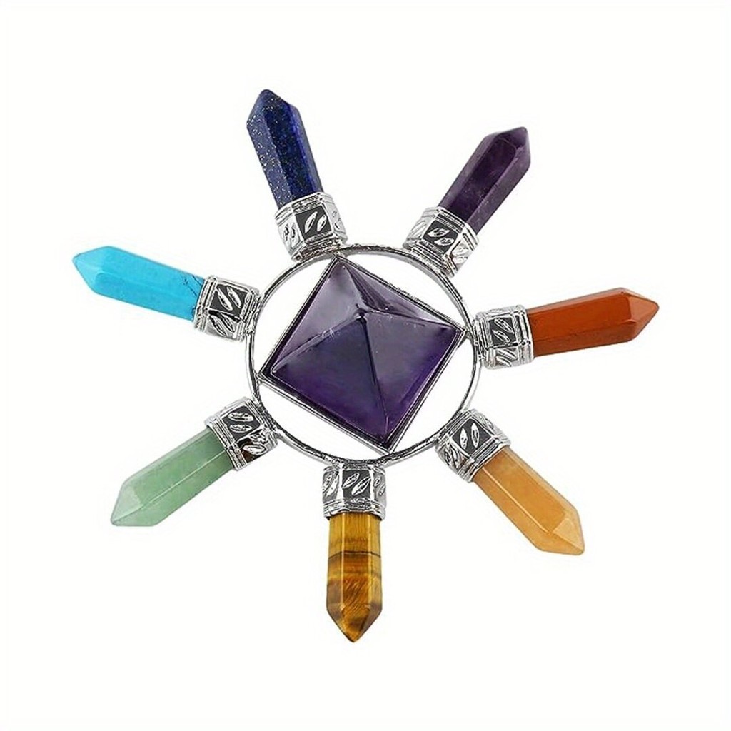 1pc 7 Chakra Crystal Energy Generator, Healing Reiki Point Pyramid, Rose Quartz, Seven Direction, Py