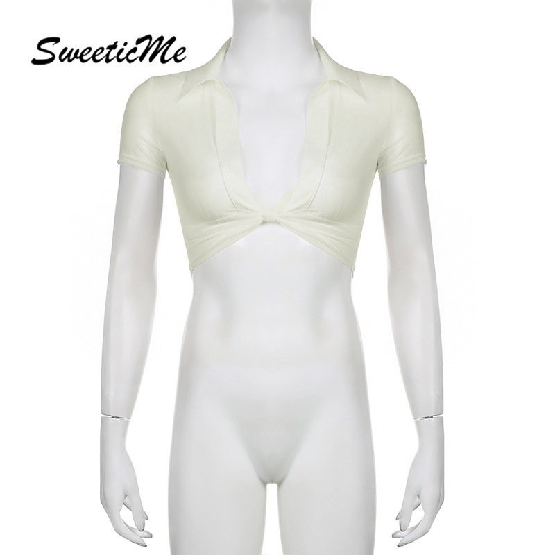 SweeticMe ผู้หญิงใหม่ลําลองแฟชั่นสีทึบเปิดลงคอปกแขนสั้น Crop Streetwear เสื้อยืด ราคา ถูกที่สุด ดีลบีเคเค แกลเลอรีภาพที่ 7