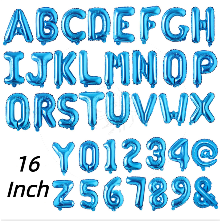 【ซื้อ150 ฿ ใบให้เทปบอลลูนฟรี1ม้วน/100จุด】ลูกโป่งฟอยล์อลูมิเนียม ลายตัวอักษรภาษาอังกฤษ A-Z ตัวเลข 0-9 สีฟ้า 16 นิ้ว สําหรับวันแม่ วันแม่