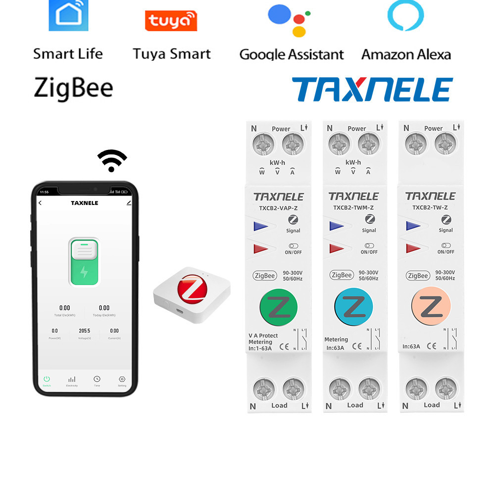 Taxnele Smartlife 63A Tuya Zigbee สวิตช์อัจฉริยะ วัดพลังงาน Kwh ตรวจสอบวงจรเบรกเกอร์รีเลย์จับเวลา MCB ป้องกันแรงดันไฟฟ้า