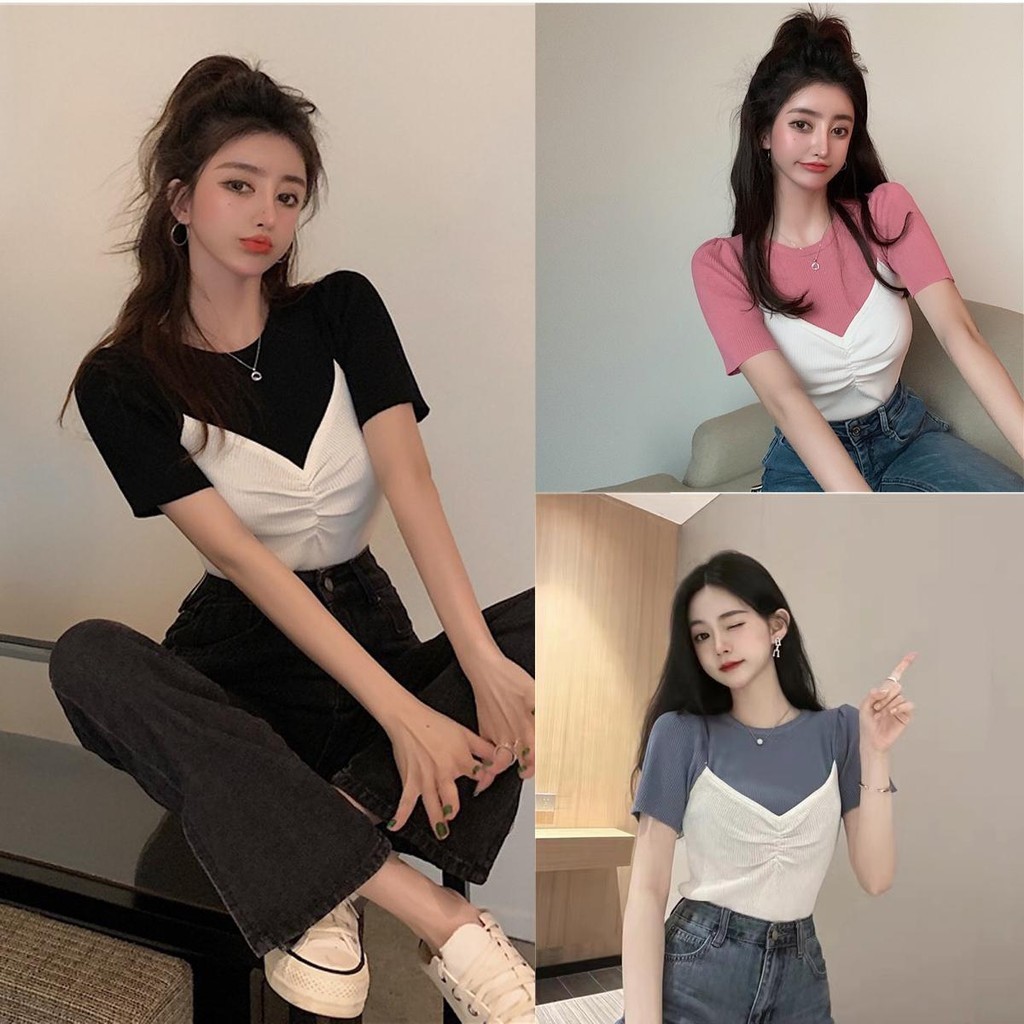 Lune_Grace-พร้อมส่ง-เสื้อไหมพรมแขนสั้น สองชิ้นปลอม ดีเทลจีบตรงห้าอกน่ารักมาก ผ้านิ่มใส่สบาย แฟชั่นผู้หญิง รุ่น4182