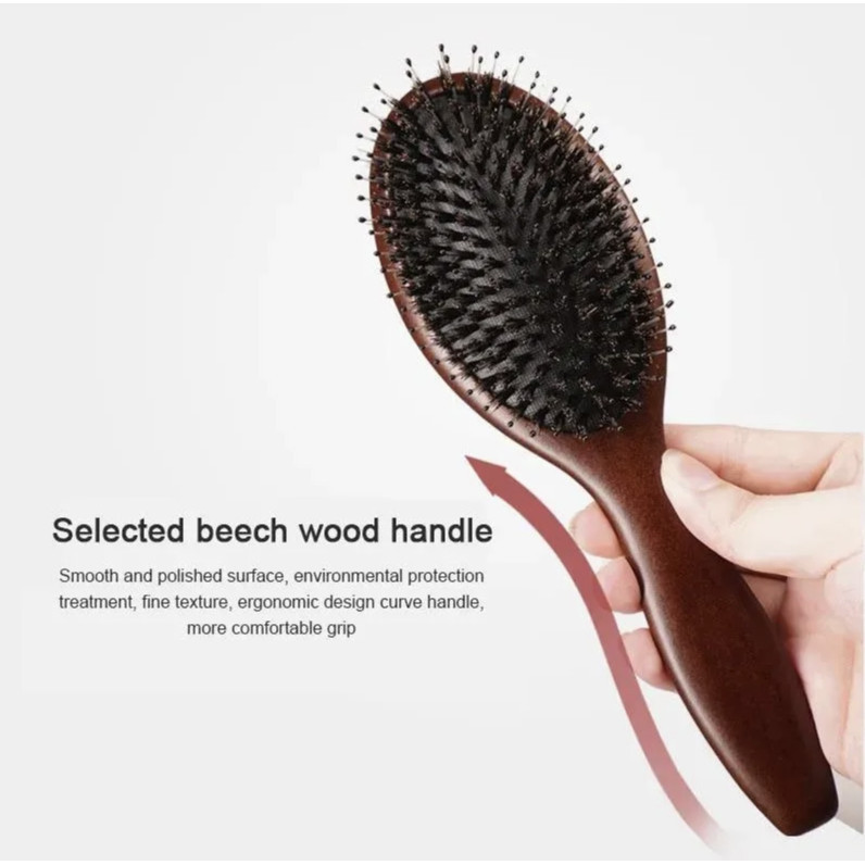 RABBITMALL Cherry Boar-Bristle Brush/Horse Hair Brush หวีขนหมูป่าแท้ หวีขนม้า อิสลามใช้ได้ ให้ผมเงาแก้ผมพันกัน