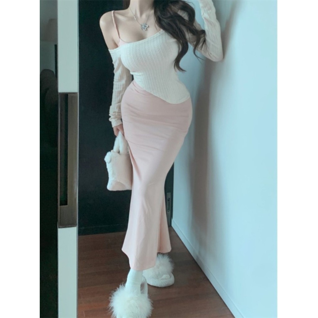 ฤดูใบไม้ร่วงสลิงด้านบนสวมชุดสองชิ้นผู้หญิงแสงผู้ใหญ่สไตล์ชุดแม่น้อยเสื้อถักสูทกระโปรงไหล่เดียว เอวาป
