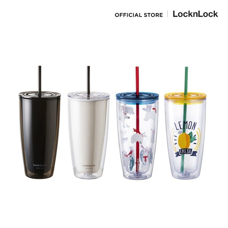 พร้อมส่ง แก้วพลาสติก 2 ชั้น 720ml มีหลอด locknlock double wall cold cup 720มล. hap507 แก้วน้ำ ใบใหญ่ สีขาว สีดำ ของขวัญ
