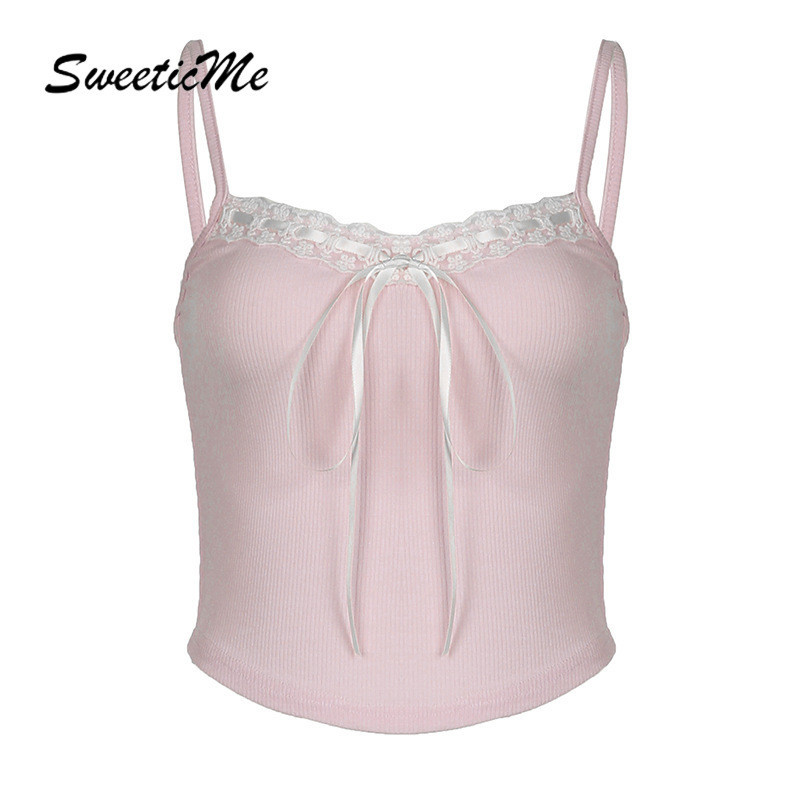 Sweeticme เสื้อกล้ามลําลอง คอวี แต่งลูกไม้ เข้ารูป เข้ากับทุกการแต่งกาย แฟชั่นใหม่ สําหรับสตรี 2024