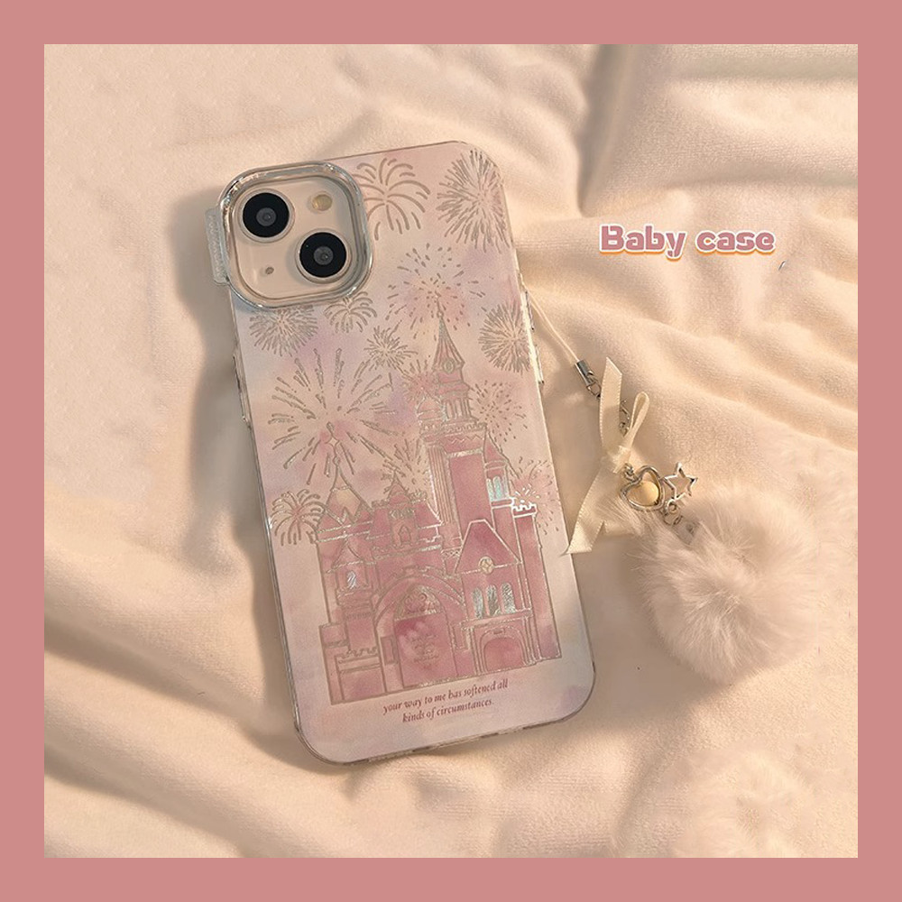 เคสโทรศัพท์มือถือ แบบแข็ง ปิดด้านหลัง ลายปราสาท สีชมพู พร้อมสายคล้องมือ สําหรับ IPhone 14 Pro MAX 11 15 14 13 12 11 Pro MAX 15 14 Plus X XS MAX XR