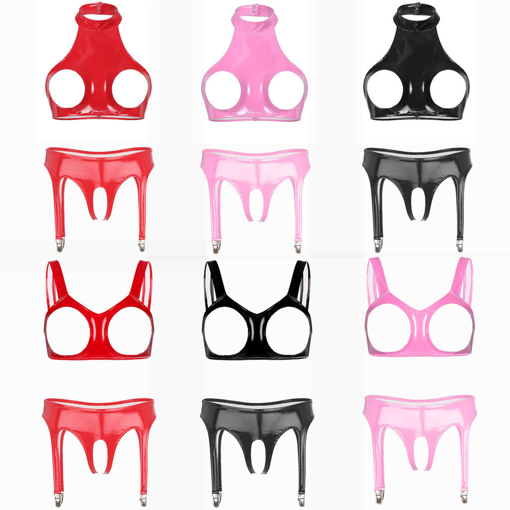 Yoyojia สตรีเคลือบเงาหนังสิทธิบัตรชุดชั้นในชุดแขนกุดเปิดถ้วย Bra Top พร้อม Crotchless Garter กางเกงชุดชั้นในสําหรับ Night Club