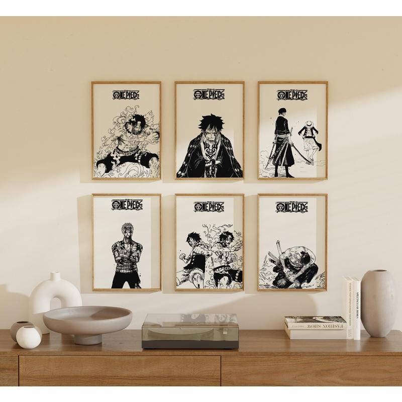 โปสเตอร์ผ้าใบ พิมพ์ลายการ์ตูน One Piece สไตล์มินิมอล สําหรับตกแต่งผนัง มีสีดํา และสีขาว