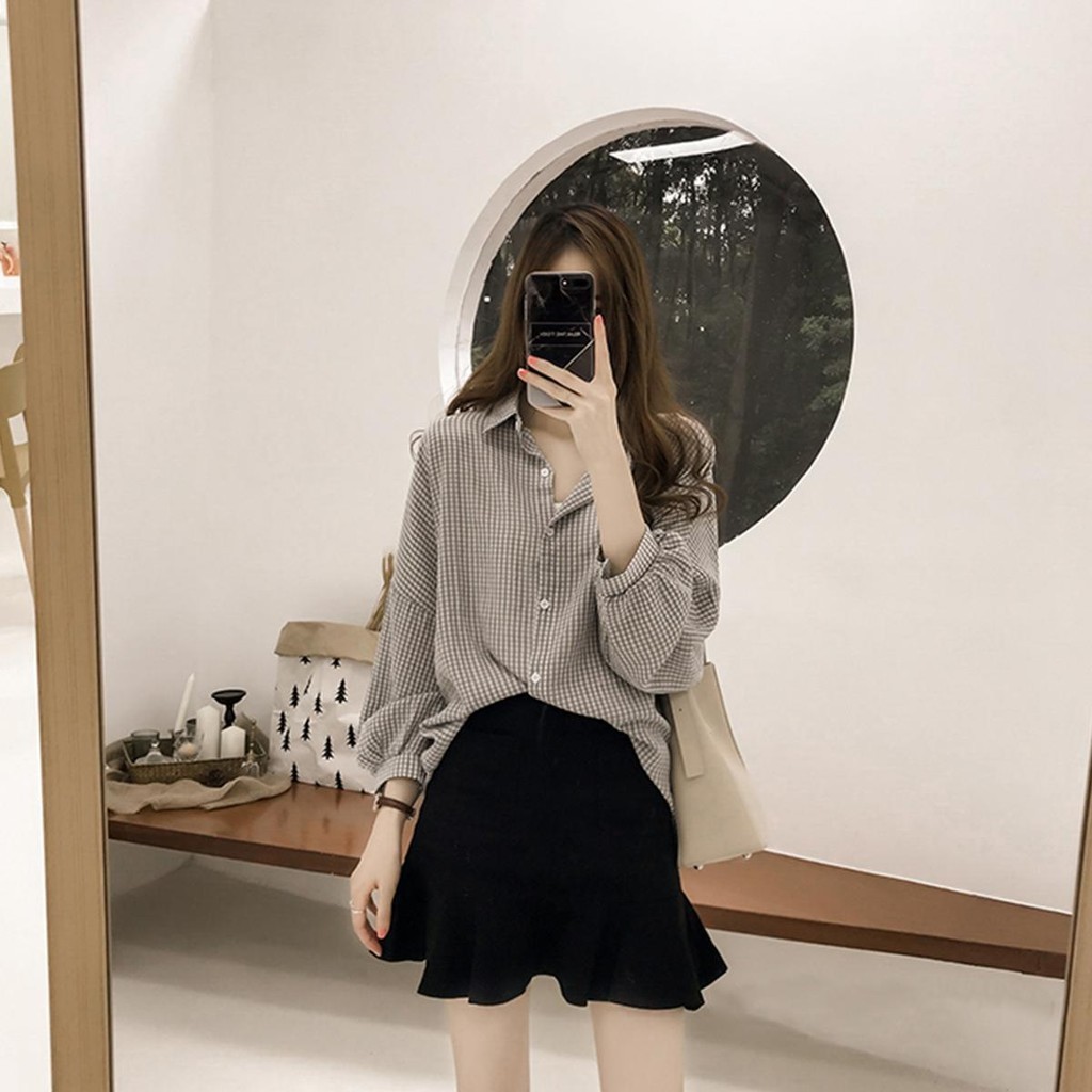 👚Anna👚W287❤️ ลายสก๊อต เสื้อเชิ้ตผู้หญิงโอเวอร์ไซส์ สีเทา แขนพองติดกระดูมได้ ผ้าบางใส่สบาย สีพาสเทลน่ารักมาก