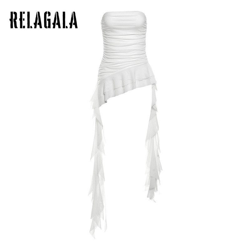 RelaGala ผู้หญิงใหม่สีทึบ Slim Street แฟชั่นปิดไหล่แขนกุดจีบด้านบน