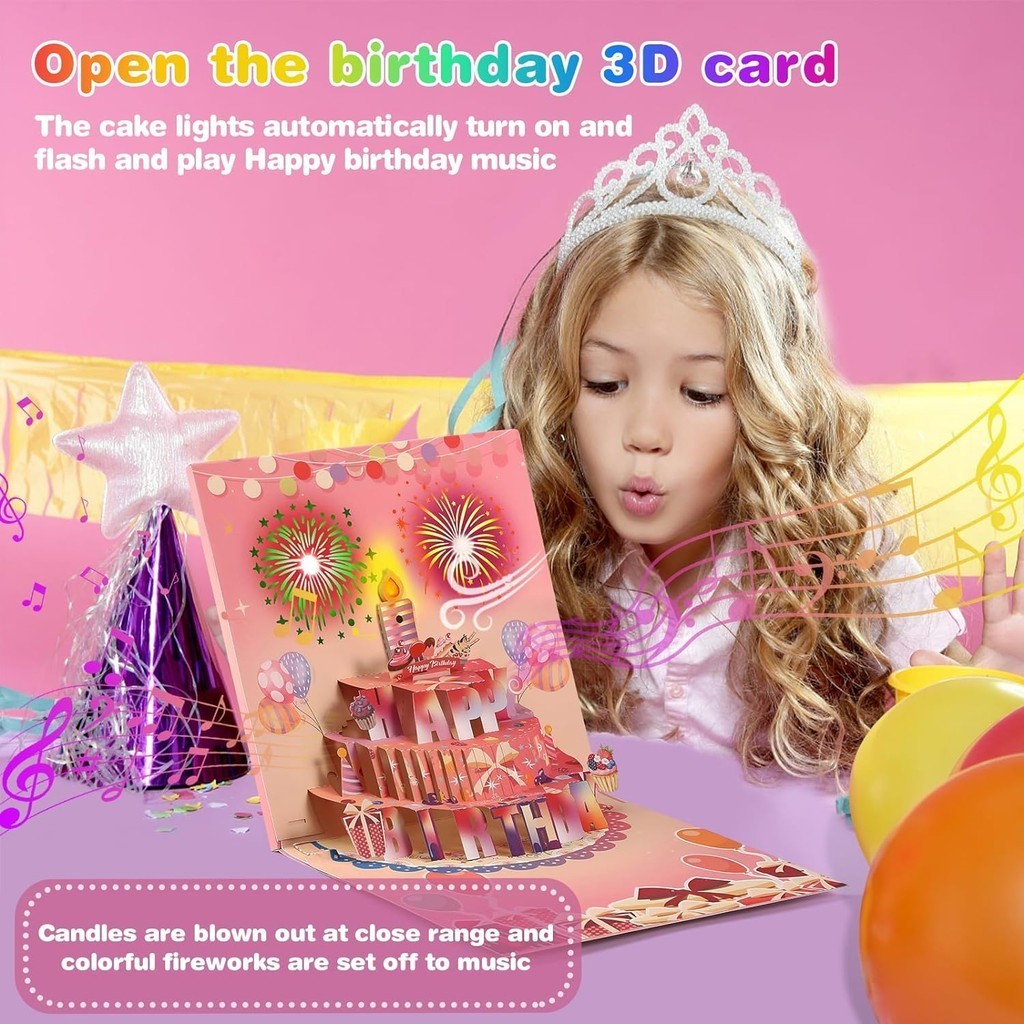 การ์ดอวยพรวันเกิด ป๊อปอัพ 3D มีไฟ LED เป่าได้ สําหรับเพื่อน