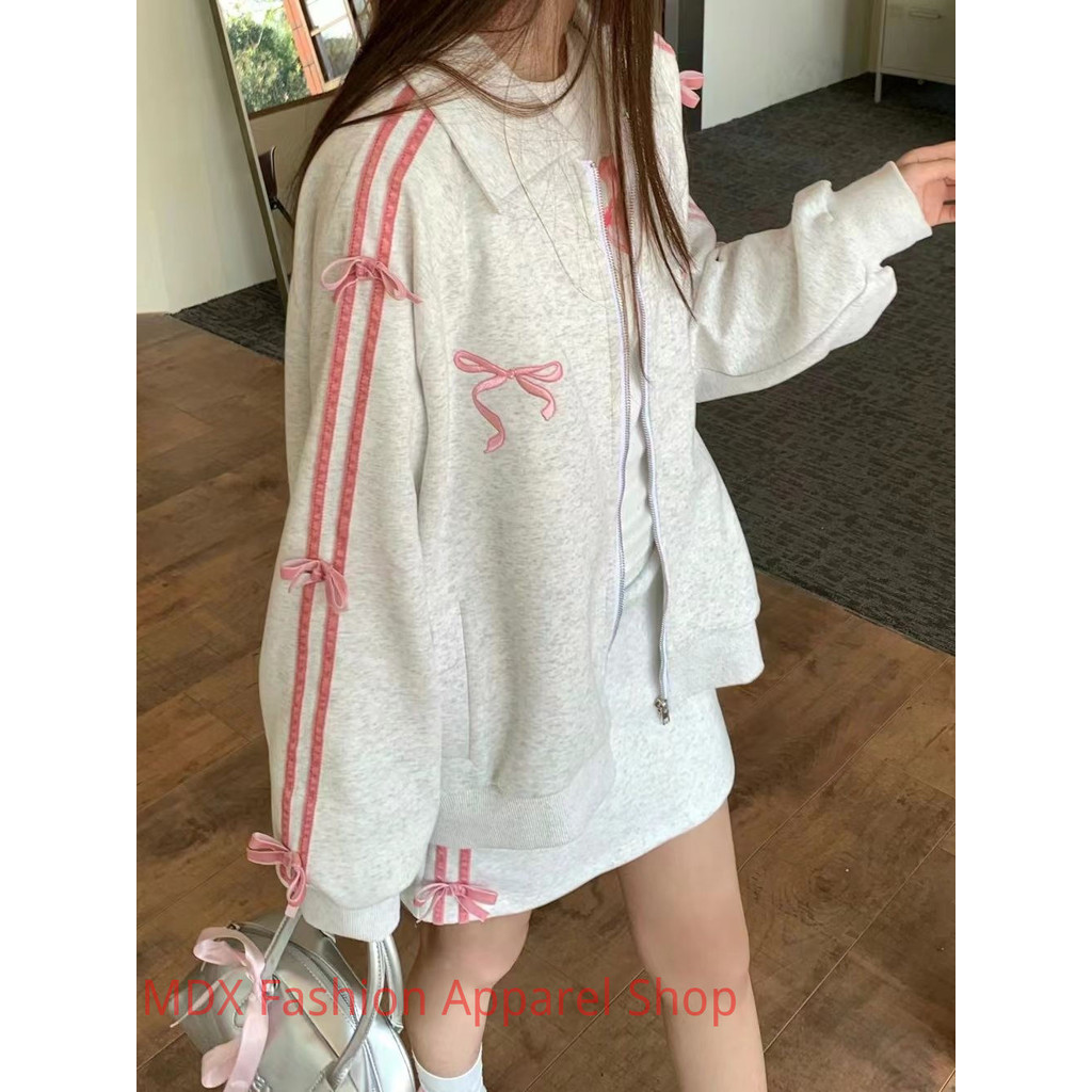 อเมริกันย้อนยุคสาวหวานโบว์ชุดเสื้อคลุมหลวมของผู้หญิงครึ่งกระโปรงชุดลําลองสองชิ้น