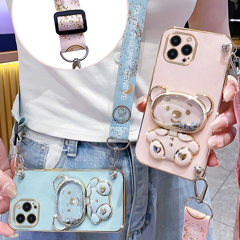 เคสโทรศัพท์มือถือนิ่ม กันกระแทก ลายหมีน่ารัก พร้อมสายคล้องคอ และที่ตั้งวาง และทรายไหล สําหรับ Xiaomi 13 Pro 13 T Pro Redmi 13C 4G 5G 13R 5G POCO C65