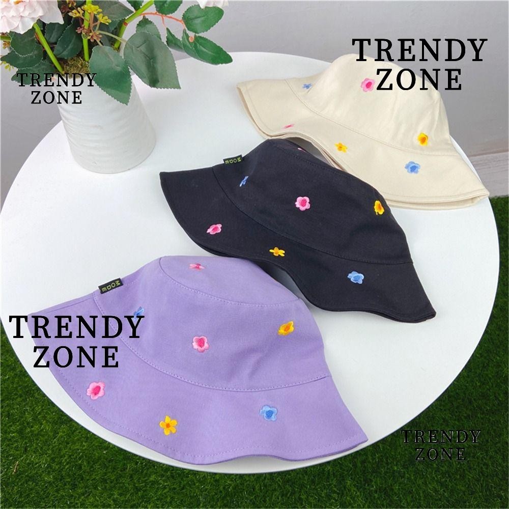 Trendyzone หมวกบักเก็ต กันแดด ปักลายดอกไม้ สําหรับเดินทาง