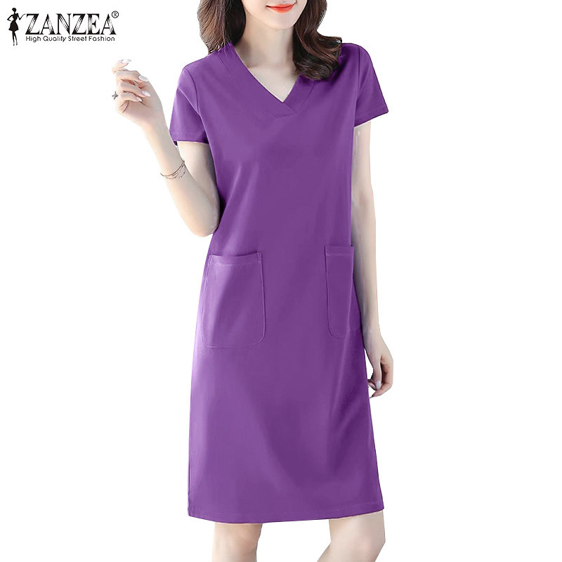 Zanzea ชุดเดรส คอวี แขนสั้น มีกระเป๋า สีพื้น สไตล์เกาหลี สําหรับผู้หญิง